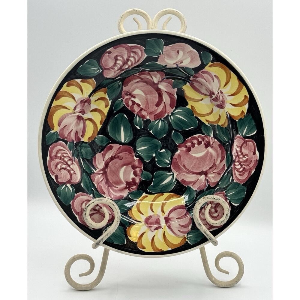 Vtg Wloclawek Poland Faience Earthenware Bowl Hand Painted Hangable Floral 9.75"